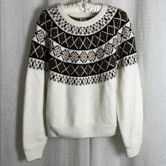 GROVE & HOLLOW Fair Isle Ivory Green Tan Navy Orange Crew Wool Blend Sweater